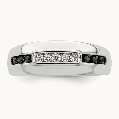 Complete White and Black Diamond Men's Ring, 14K White Gold