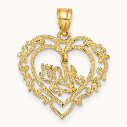 Polished MOM Dangle in Fancy Heart Pendant, 14K