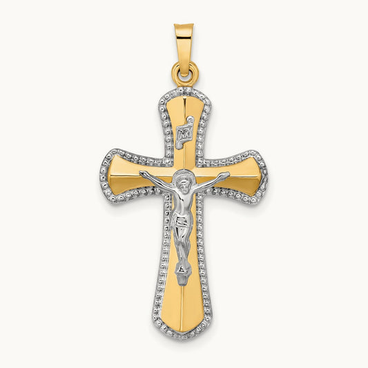 Hollow INRI Crucifix Pendant, 14K Two-tone with White Rhodium