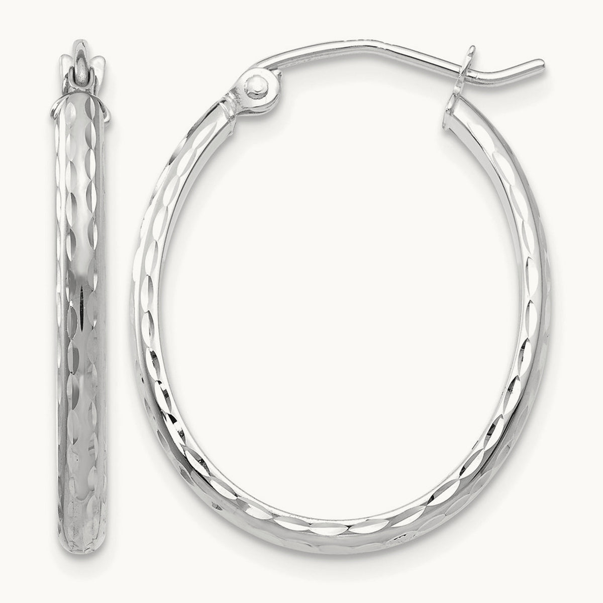Lightweight Diamond-cut Oval Hoop Earrings — 14K White Gold, 20mm