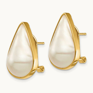 12x20 White Pear Saltwater Cultured Mabe Pearl Omega Back Earrings, 14K