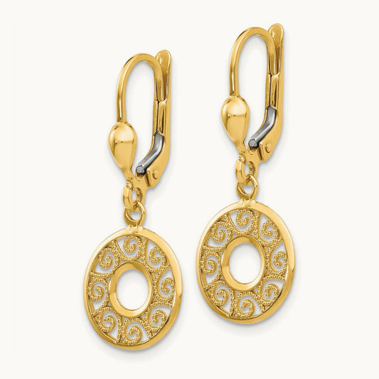 Leverback Filigree Earrings, 14K