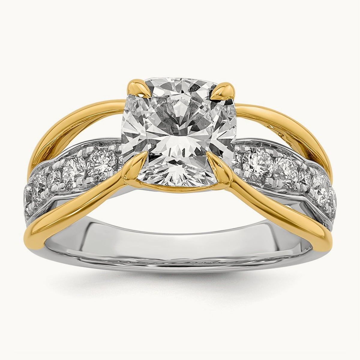 14ktt Certified Cushion Center Lab Grown Diamond VS+ F+ Ring — 14K Two-Tone Gold (Reversed)