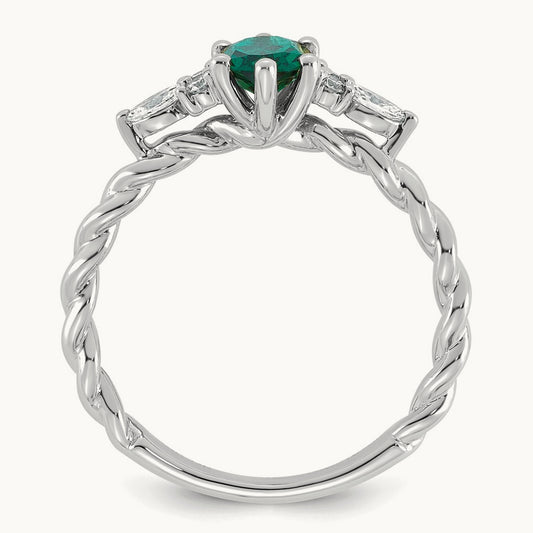 Polished Diamond and Lab Created Emerald Twisted Ring — 14K White Gold
