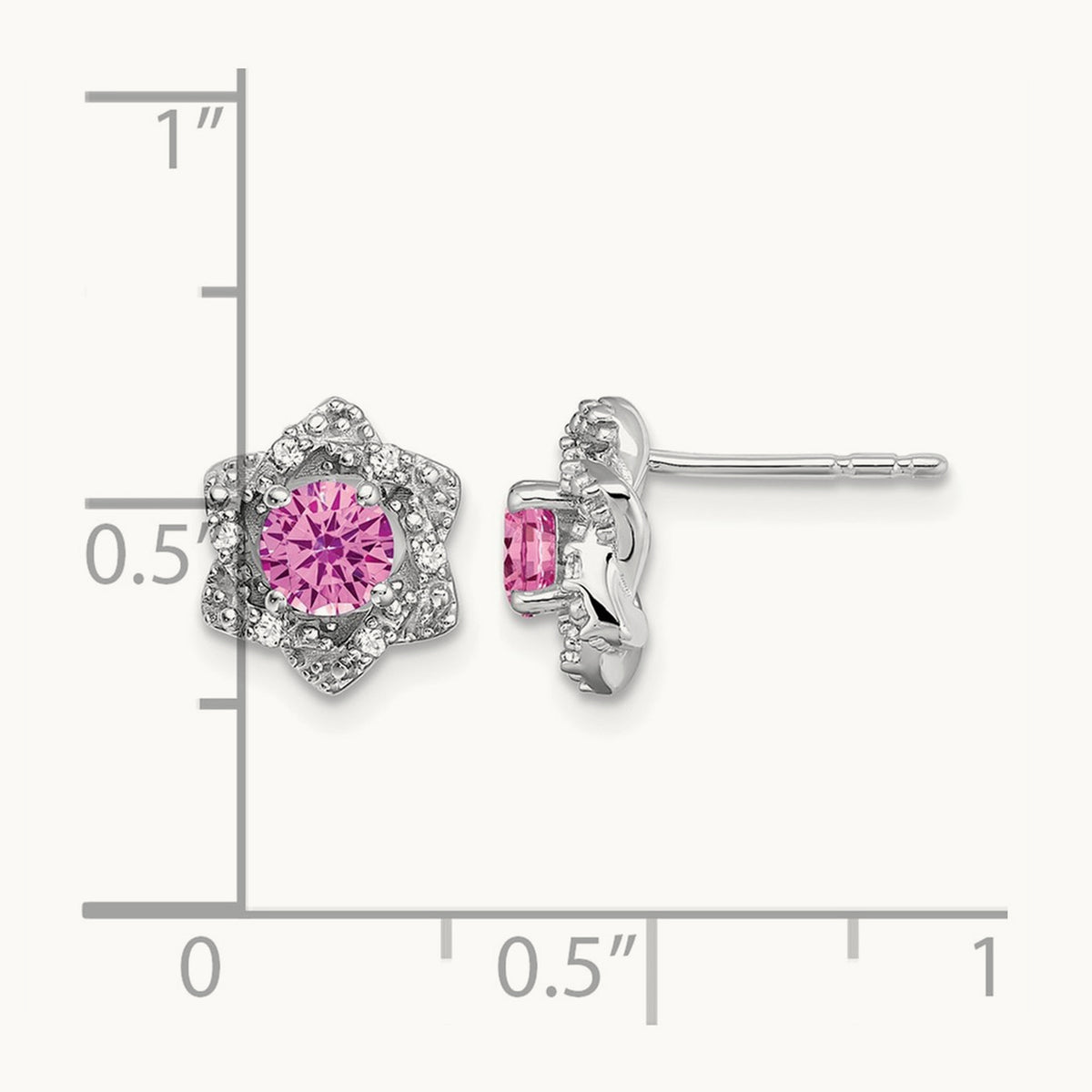 Created Pink Sapphire and Diamond Post Earrings, 14K White Gold