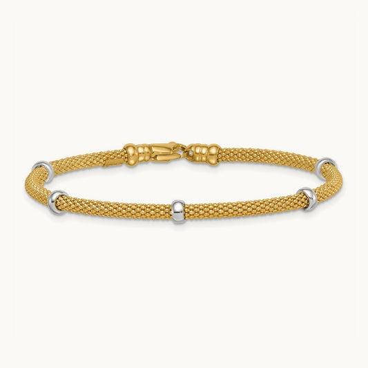 Polished Fancy Mesh With Bead Bracelet, 14K Two-tone