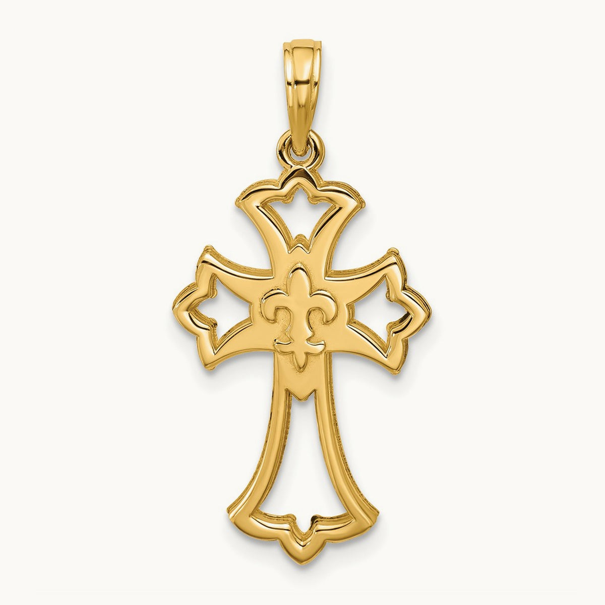 Polished Fleur De Lis Cross Pendant, 14K