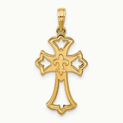 Polished Fleur De Lis Cross Pendant, 14K
