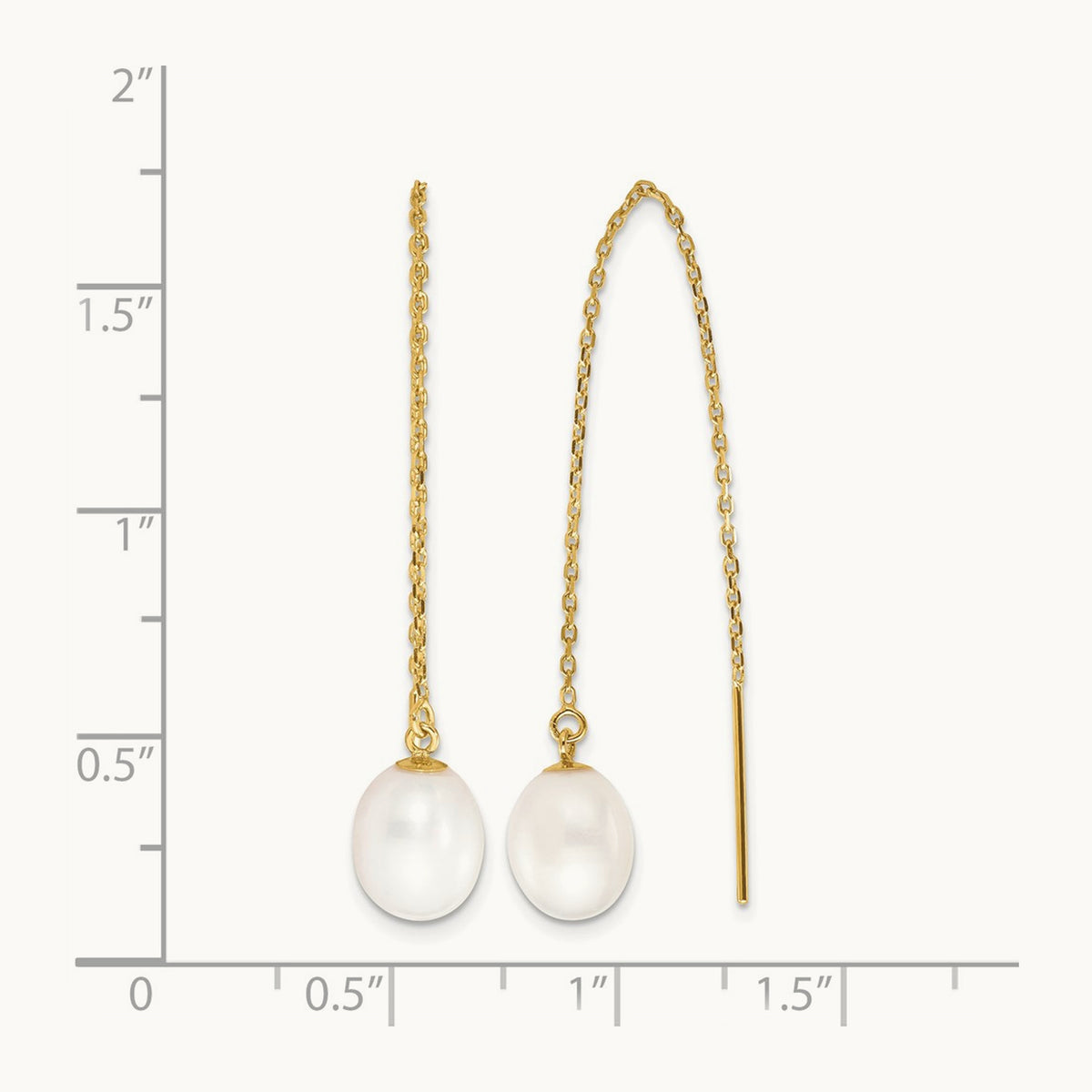 7- White Rice FW Cultured Pearl Cable Chain Threader Earrings, 8mm, 14K