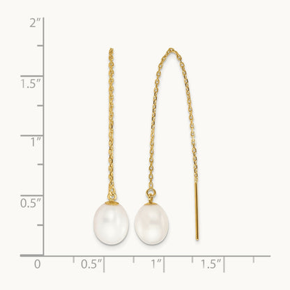 7- White Rice FW Cultured Pearl Cable Chain Threader Earrings, 8mm, 14K