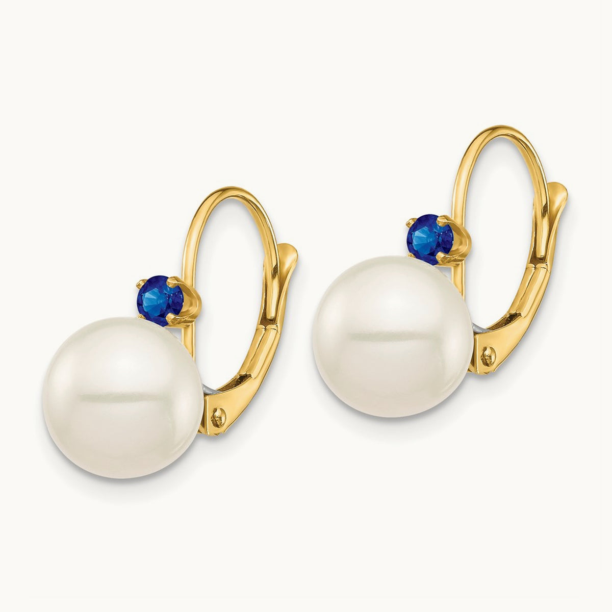 8- White Round FWC Pearl Sapphire Leverback Earrings, 8.5mm, 14K