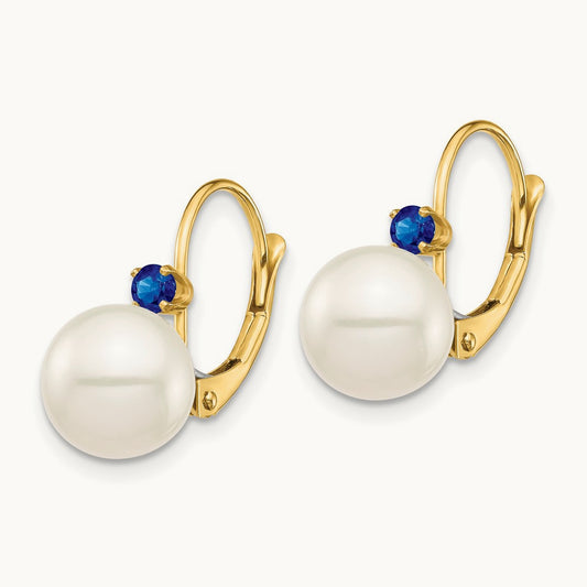 8- White Round FWC Pearl Sapphire Leverback Earrings, 8.5mm, 14K