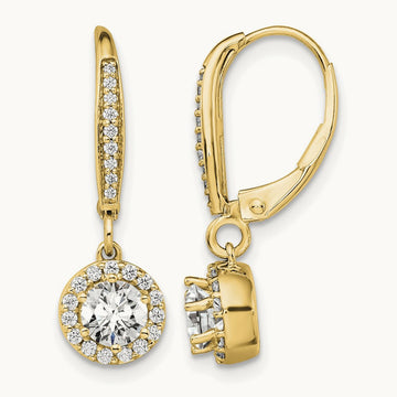 Round Halo Drop Leverback Earrings, 1.00 ct tw Lab-Grown Diamond — 14K Yellow Gold