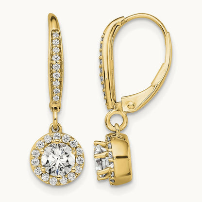 Round Halo Drop Leverback Earrings, 1.00 ct tw Lab-Grown Diamond — 14K Yellow Gold