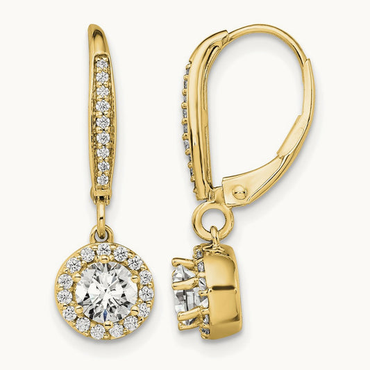 Round Halo Drop Leverback Earrings, 1.00 ct tw Lab-Grown Diamond — 14K Yellow Gold