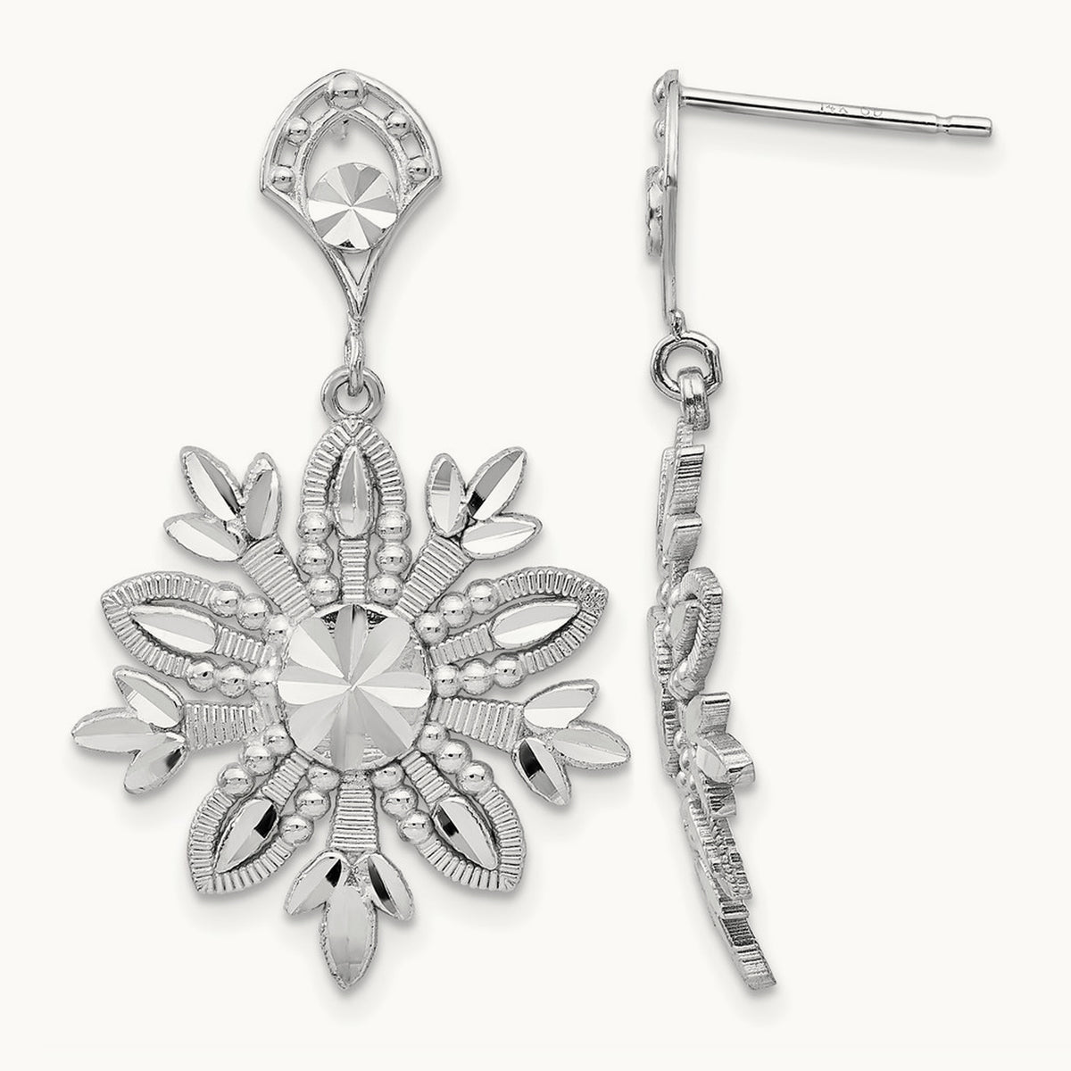 Fancy Snowflake Dangle Earrings, 14K White Gold