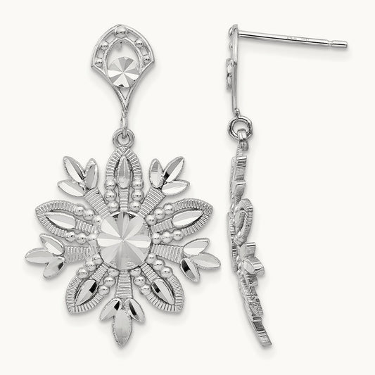 Fancy Snowflake Dangle Earrings, 14K White Gold