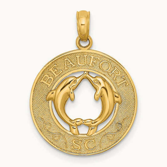 BEAUFORT SC w/Dolphins Circle Charm, 14K