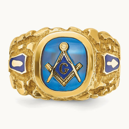 IBGoodman Men's Nugget Texture & Created Sapphire Masonic Ring, 14K