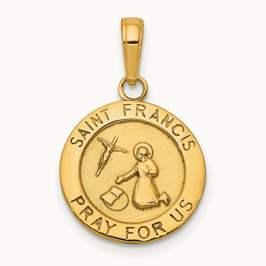 Satin And Polished Saint Francis Medal Pendant, 14K Gold