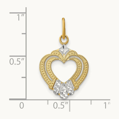 w/Rhodium Diamond-cut Textured Heart Charm, 14K