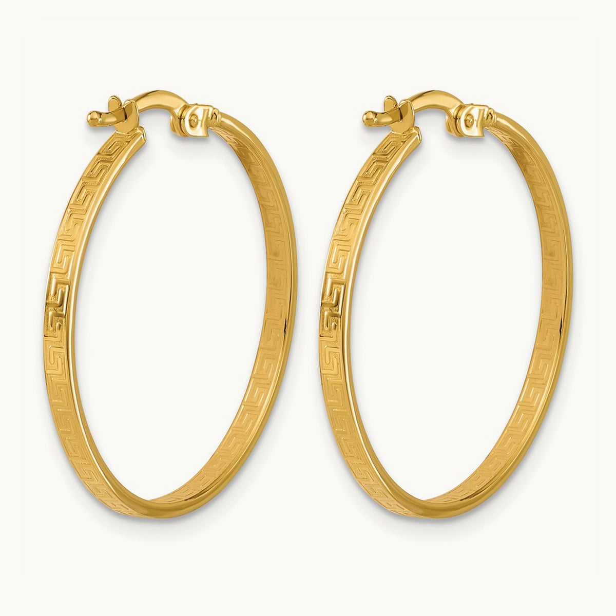 Polished Greek Key Round Hoop Earrings — 28mm