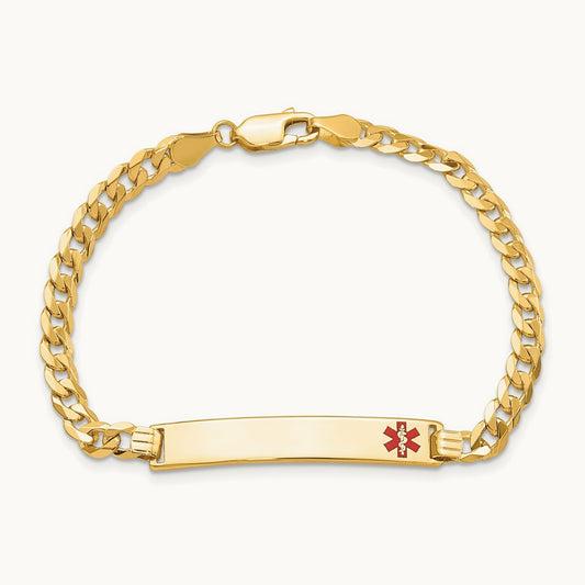 Medical Red Enamel Flat Curb Link ID Bracelet, 14K