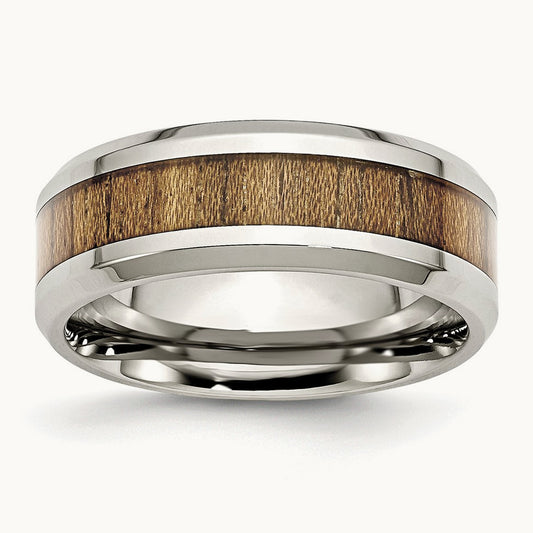 Polished w/Koa Wood Inlay Enameled Band, 8mm, Stainless Steel