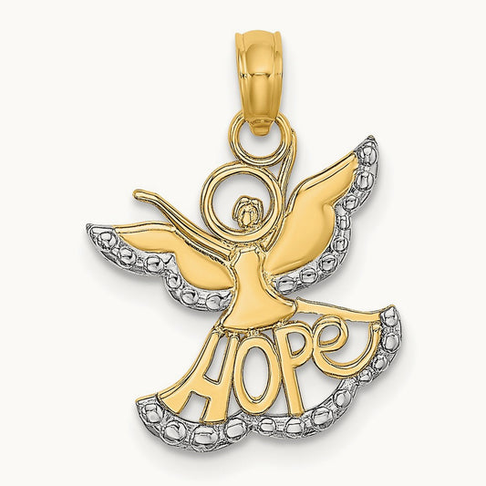 w/Rhodium Polished/Textured Cut-Out HOPE Angel Charm, 14K