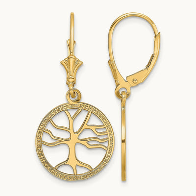 Tree of Life In Round Frame Leverback Earrings — 14K Yellow Gold