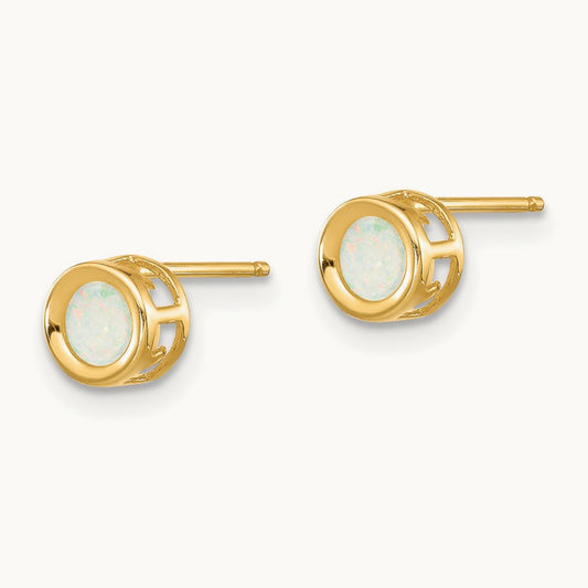 Round Bezel October/Opal Post Earrings, 4mm, 14K