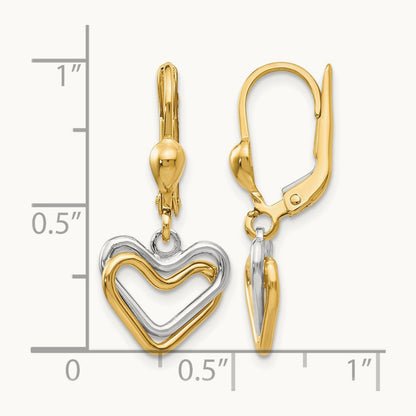 Heart Leverback Dangle Earrings, 14K Two-tone
