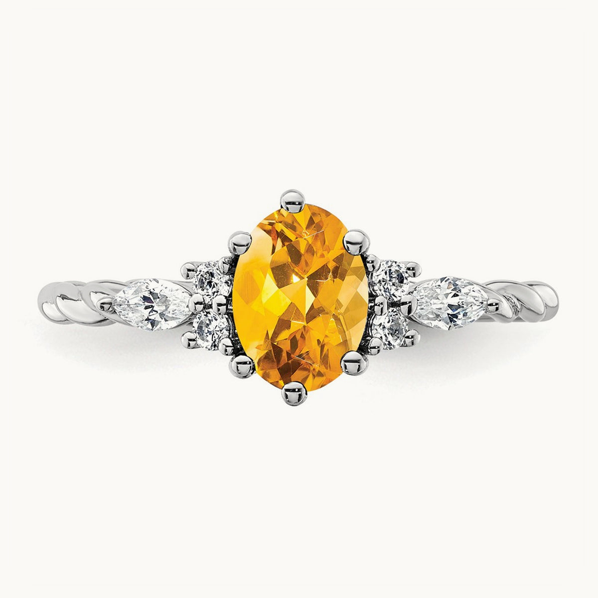 Polished Diamond and Citrine Twisted Ring — 14K White Gold
