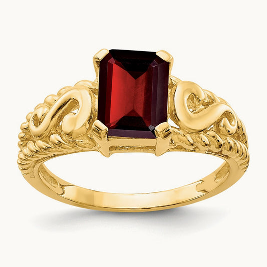 Emerald Cut Garnet ring — 14K Yellow Gold