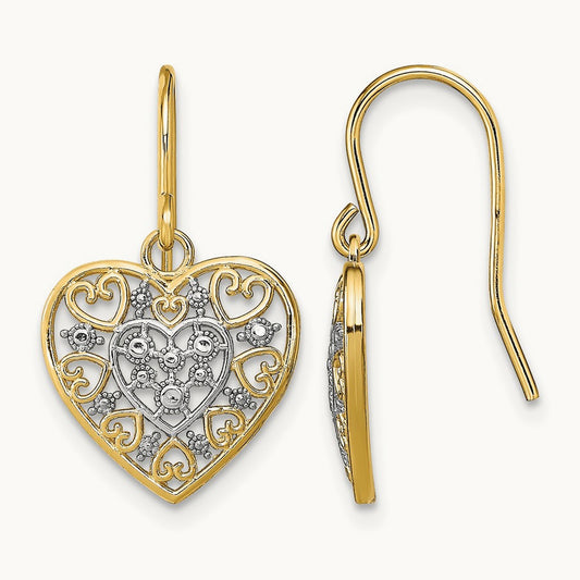 w/Rhodium Polished Filigree Hearts Shepherd Hook Earrings, 14K