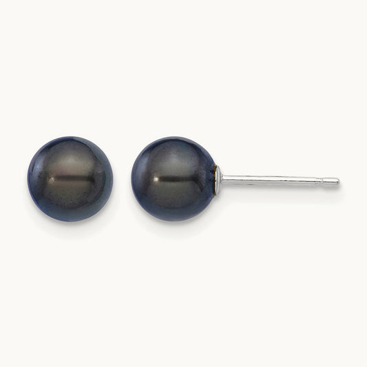6- Round Black Saltwater Akoya Cultured Pearl Earrings, 7mm, 14K White Gold