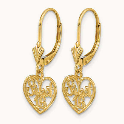 Polished SWEET 16 in Heart Dangle Leverback Earrings, 14K