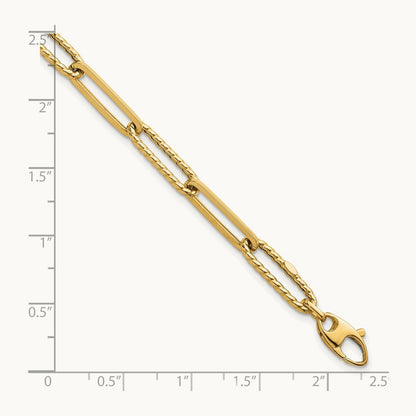 Polished and Textured 7.5in Paperclip Link Bracelet, 14K