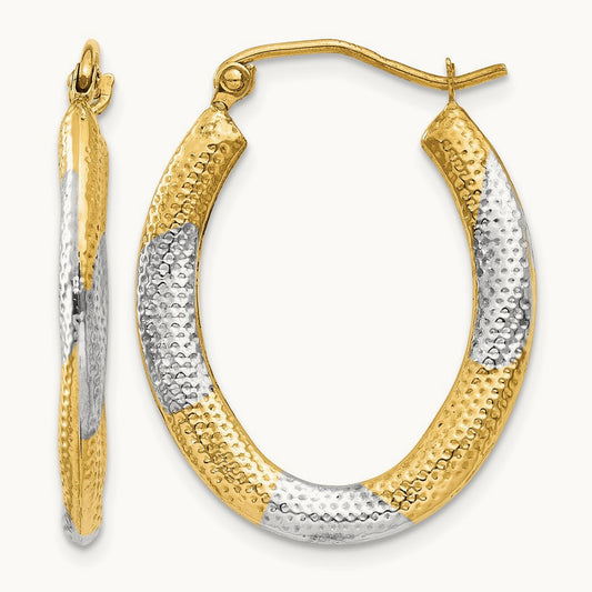 & Rhodium Textured Hollow Oval Hoop Earrings, 14K
