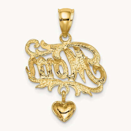 MOM w/ Dangling Heart Charm, 14K