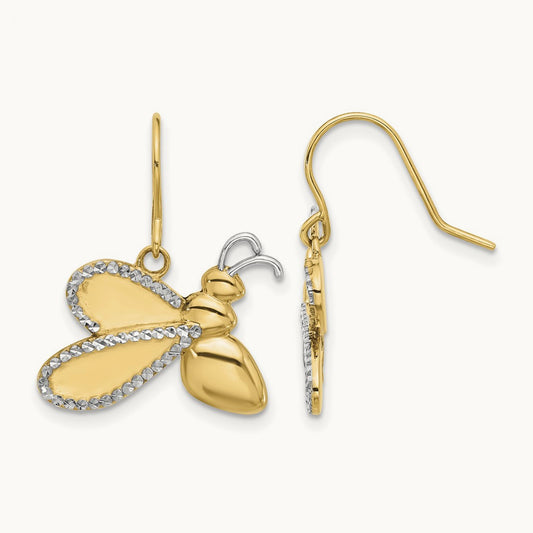 D/C Bee Dangle Earrings, 14K with White Rhodium