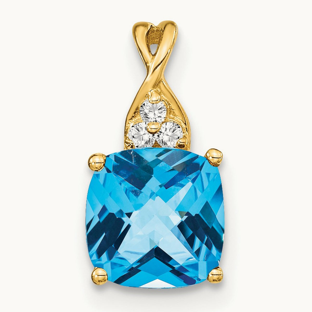 Checkerboard Blue Topaz and Diamond Pendant — 14K Yellow Gold