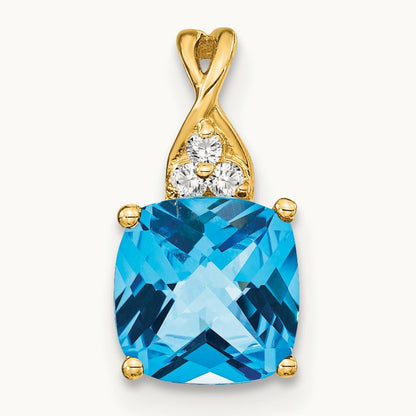 Checkerboard Blue Topaz and Diamond Pendant — 14K Yellow Gold