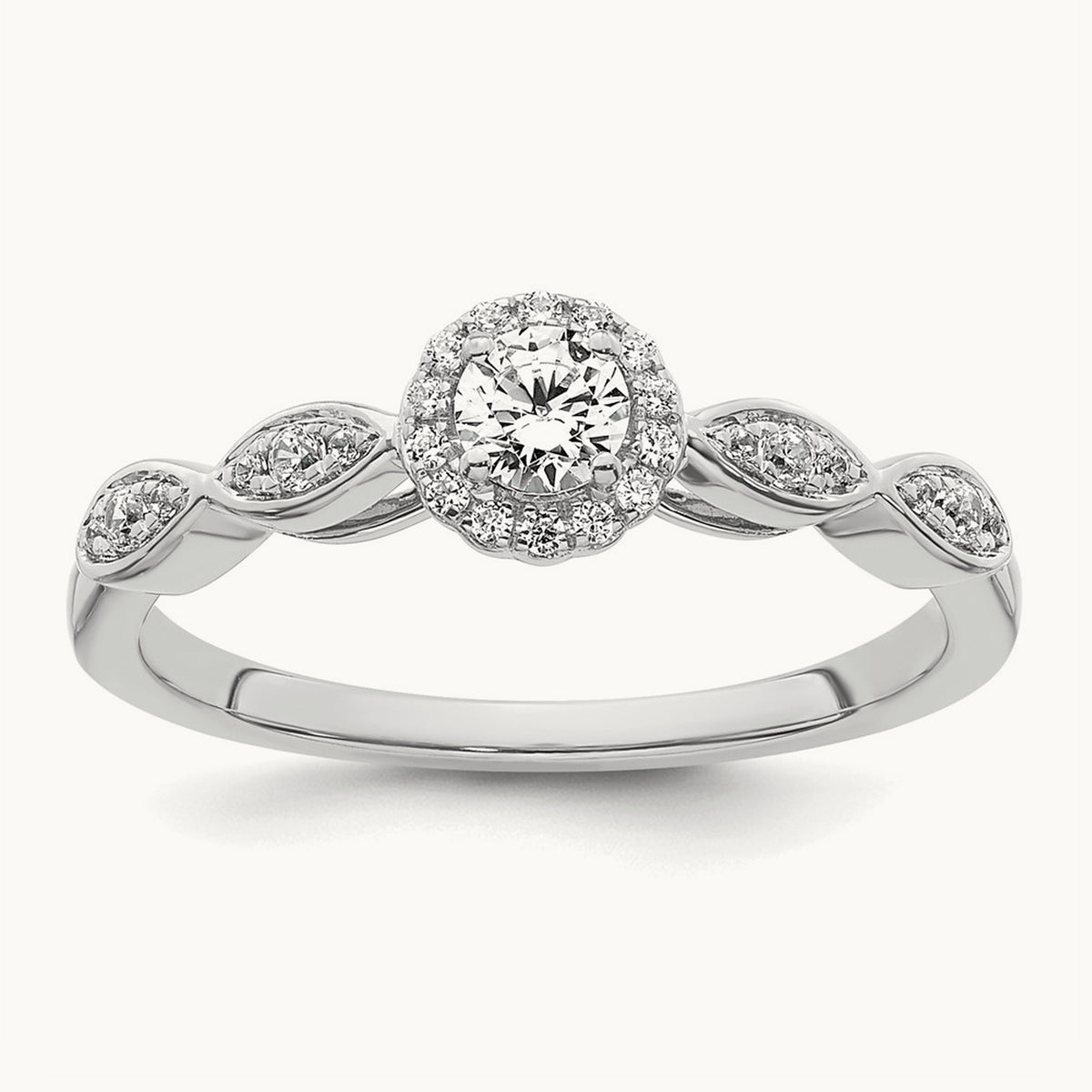 Polished Complete Diamond Round Halo Engagement Ring, 14K White Gold