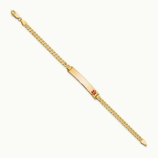 Medical Red Enamel Flat Curb Link ID Bracelet, 14K