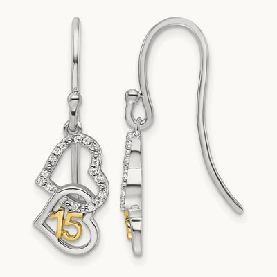 Polished Diamond Quinceanera Double Heart Dangle Earrings, 14K Two-tone