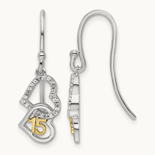 Polished Diamond Quinceanera Double Heart Dangle Earrings, 14K Two-tone