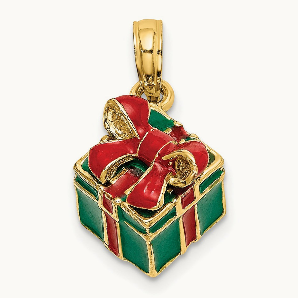 3-D w/Enamel Green Gift Box w/Red Bow Charm, 14K