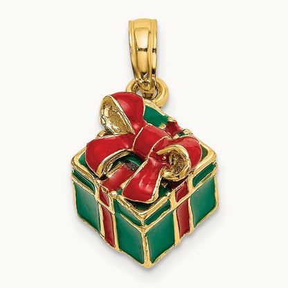 3-D w/Enamel Green Gift Box w/Red Bow Charm, 14K