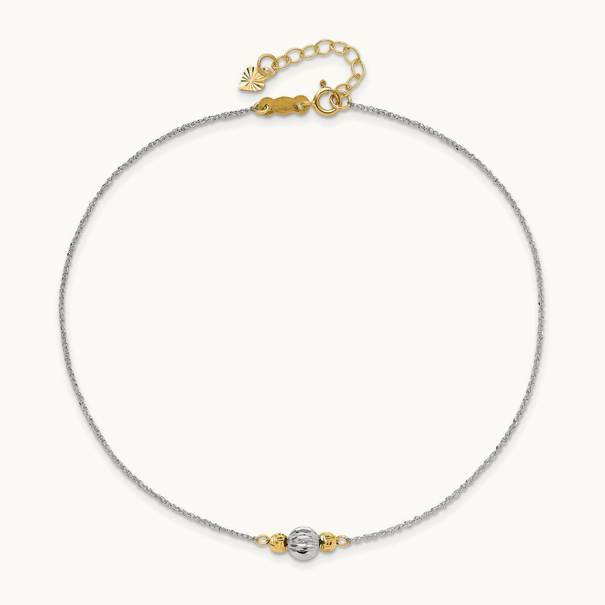 Ropa Two-tone Diamond Cut Bead 9in Plus 1in Ext. Anklet, 14K White Gold